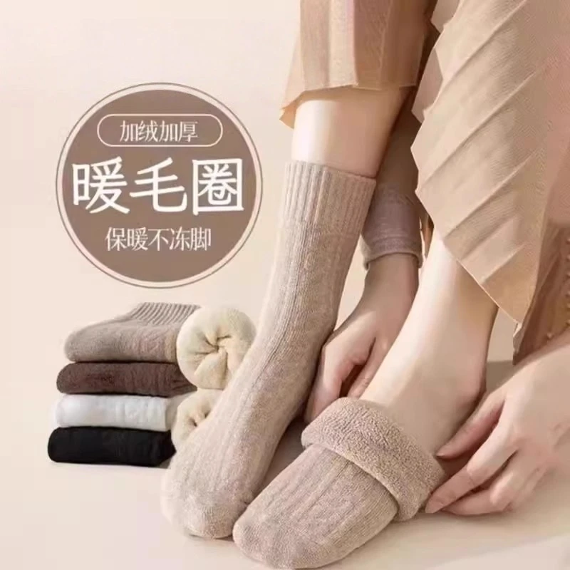 中筒厚款复古港风冬季保暖中筒袜极简风纯色塑形毛圈袜地板袜