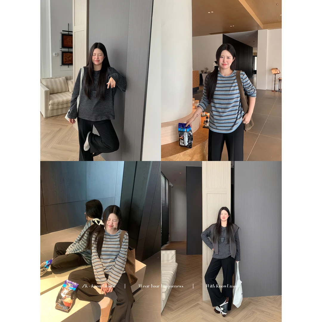 知葵微胖定制【复古玩家】初秋韩版ins显瘦条纹长袖T恤12254T5579