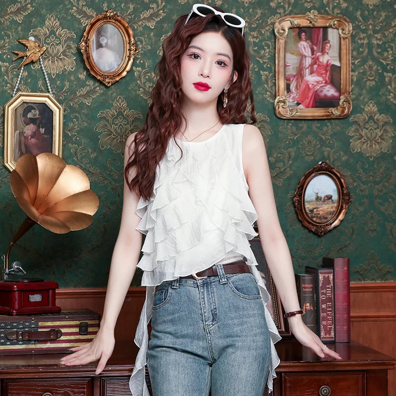 法式不规则无袖背心女夏季外穿设计感独特别致荷叶边显瘦短款上衣