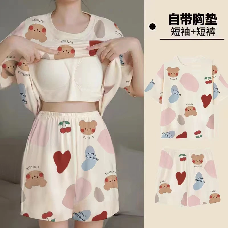 睡衣女夏季短袖套甜美带胸垫韩版卡通宽松大码夏天薄款休闲家居服