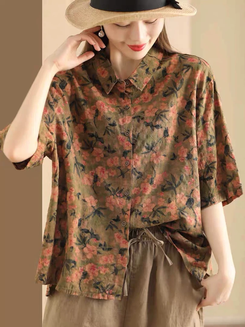 复古碎花棉麻衬衫中袖翻领气质宽松文艺印花上衣夏季大码显瘦衬衣