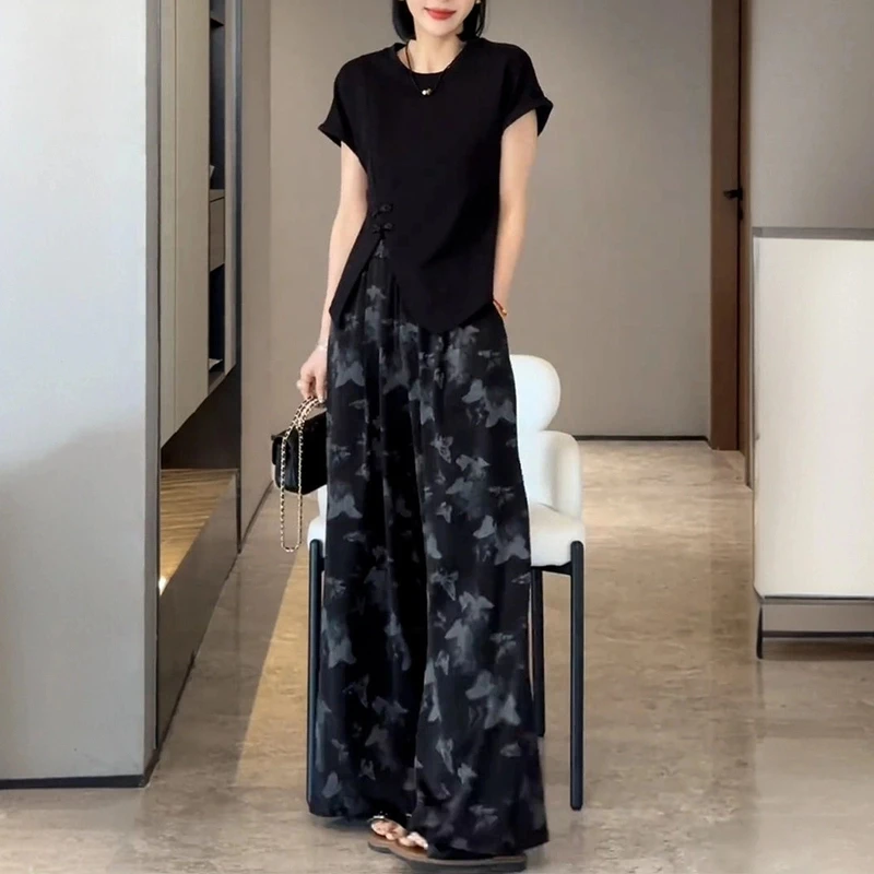 夏装搭配一整套时尚国风盘扣设计感开叉短袖上衣女显瘦印花阔腿裤
