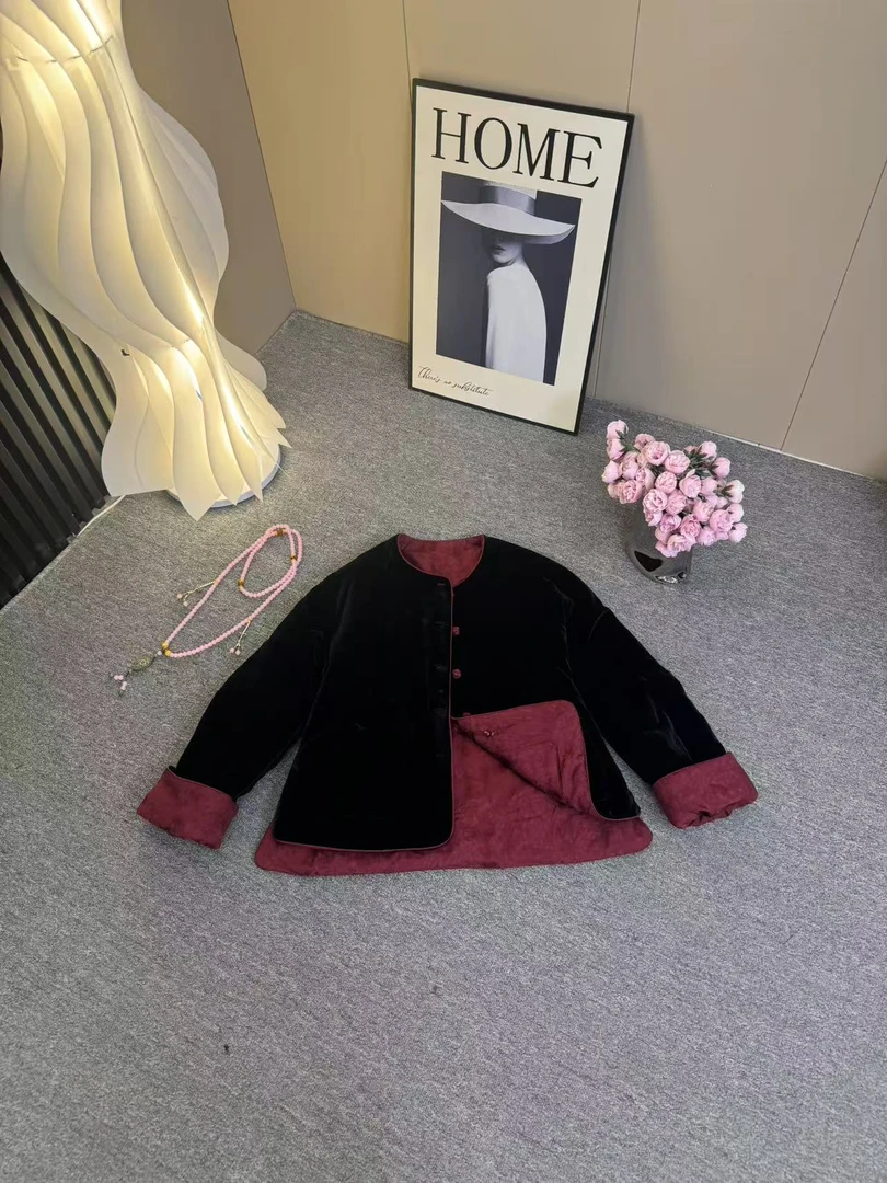 新中式黑色丝绒两面穿唐装女装初冬外套上衣