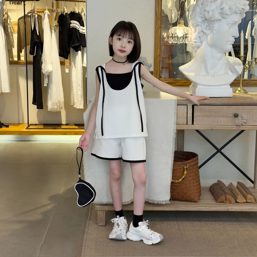 2025夏季新休闲运动套装女童慵懒宽松无袖连帽上衣短裤两件套时尚