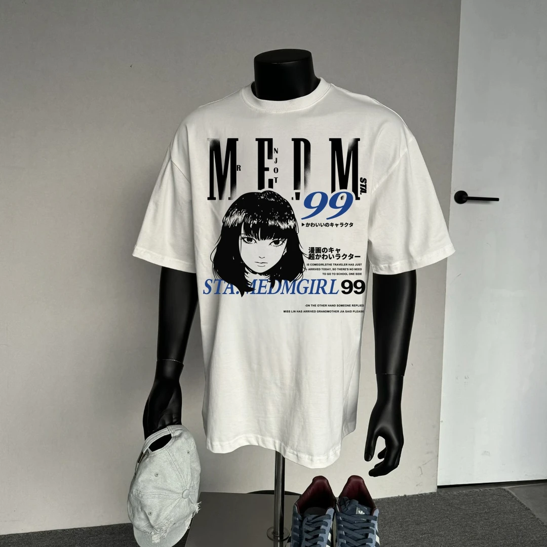 涩谷女孩手绘漫画短袖T恤高街vintage印花纯棉半袖夏季男女上衣服