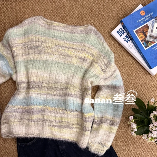 S26689#“谁穿谁是直角肩”一字肩蝴蝶纱毛衣拼色特殊染色工艺