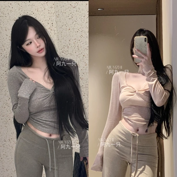 阿九一只 秋冬V领扭结打底衫0031