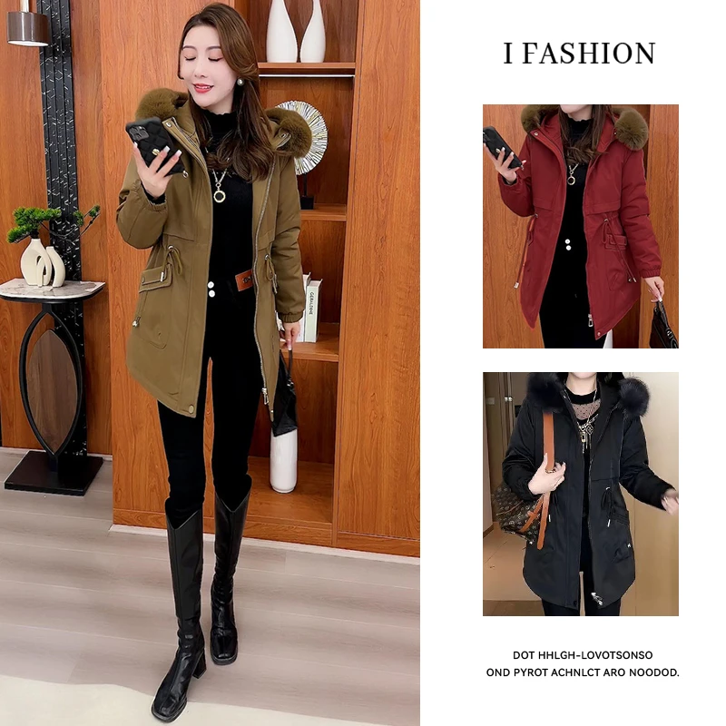 加绒加厚连帽派克外套女2025年冬季新款小个子毛领保暖中长款棉服