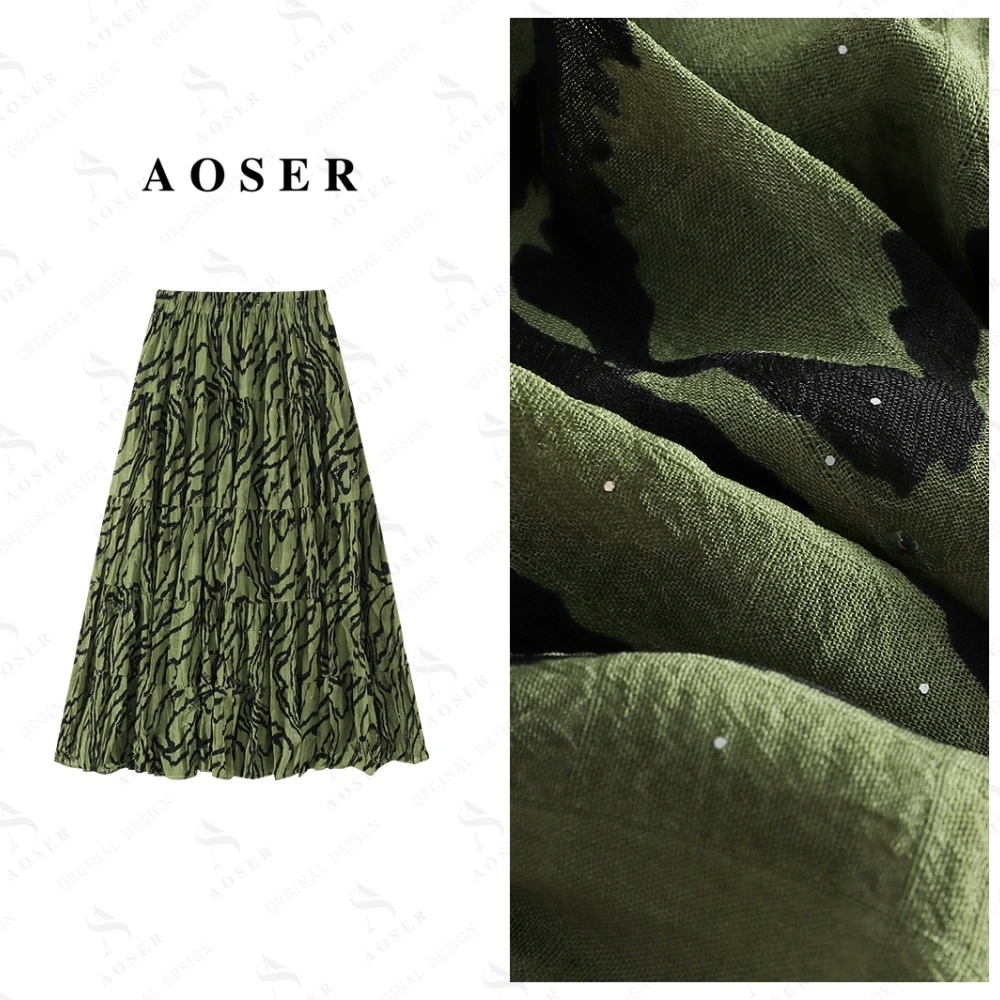 AOSER高腰印花女装法式休闲风时尚百搭烫钻绿色系长款半身裙8862