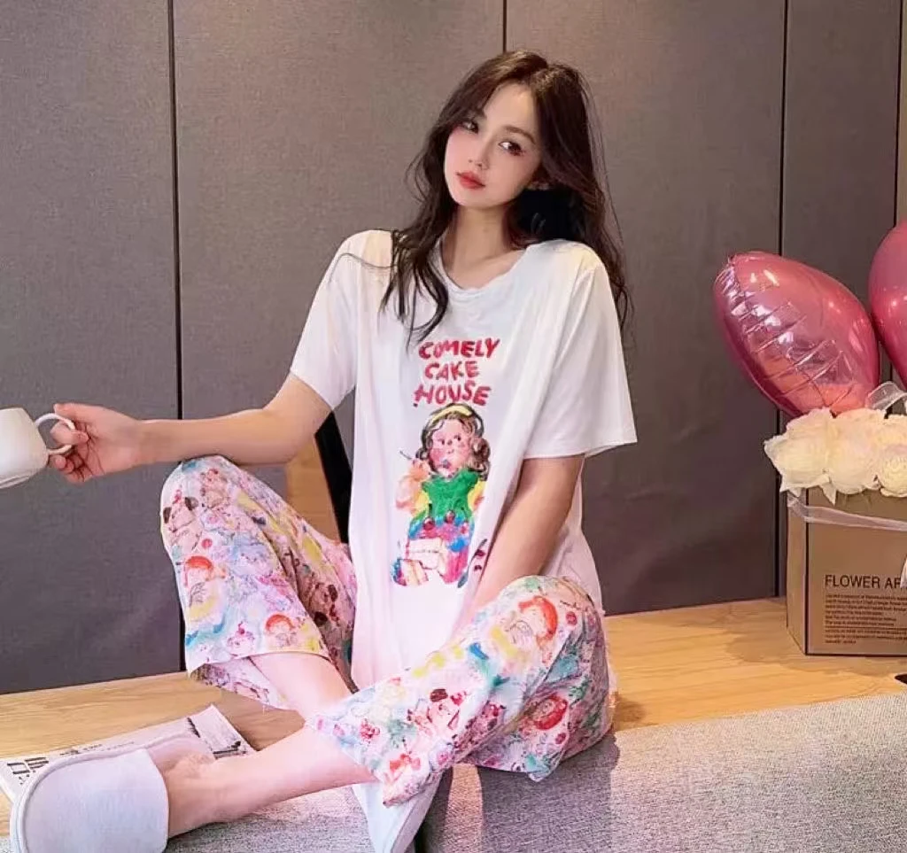 夏季新款蛋糕屋短袖带杯垫三件套圆领睡衣透气亲肤舒适女套装2178