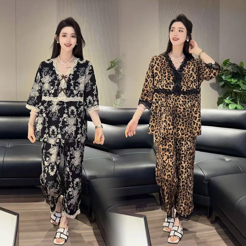 2025秋季大码印花蕾丝家居服女高级感韩版睡衣睡裤两件套豹纹套装