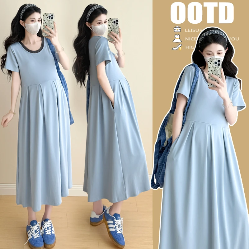 YNVO时尚~2025夏装孕妇大码短袖T恤裙长款休闲假两件连衣裙潮妈