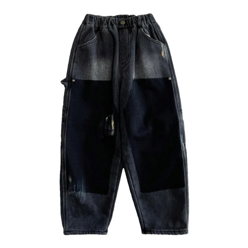 K5009男童加绒裤子冬装做旧老爹裤渐变儿童一体绒牛仔裤