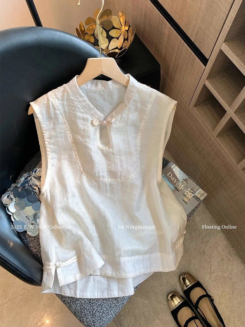 新中式盘扣立领无袖衬衫女2025年夏季轻国风清冷气质休闲显瘦背心