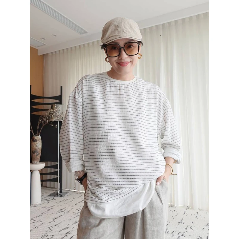LIY真丝小圆领条纹套头衫