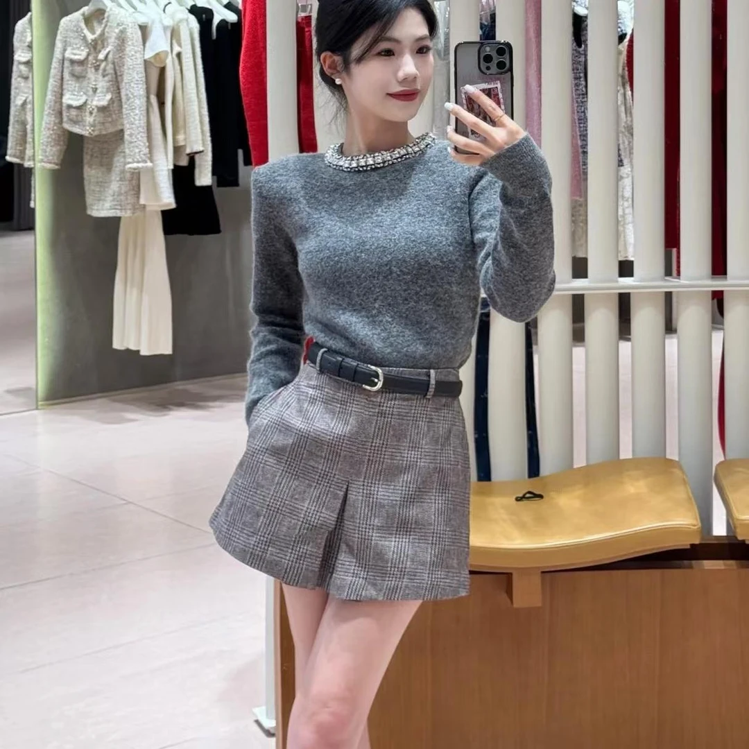 高级灰圆领链钻简约舒适毛衣新款针织打底衫