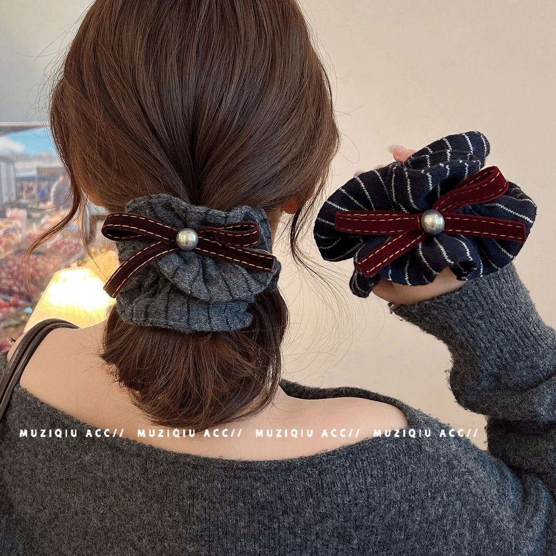 木子秋韩系气质条纹蝴蝶结大肠发圈高级感时髦优雅时尚温柔搭发饰