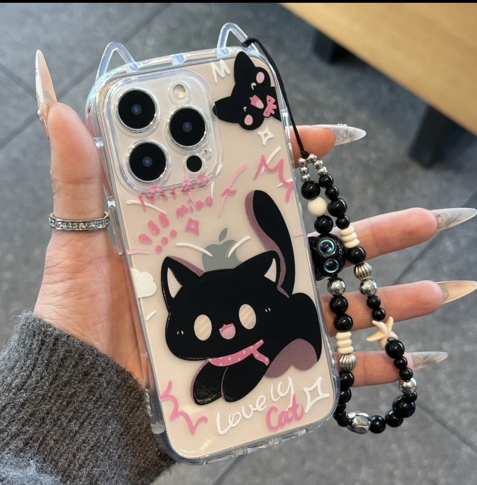 品尚卡通惊吓黑猫挂链适用iPhone1615pro苹果1412猫耳手机壳13