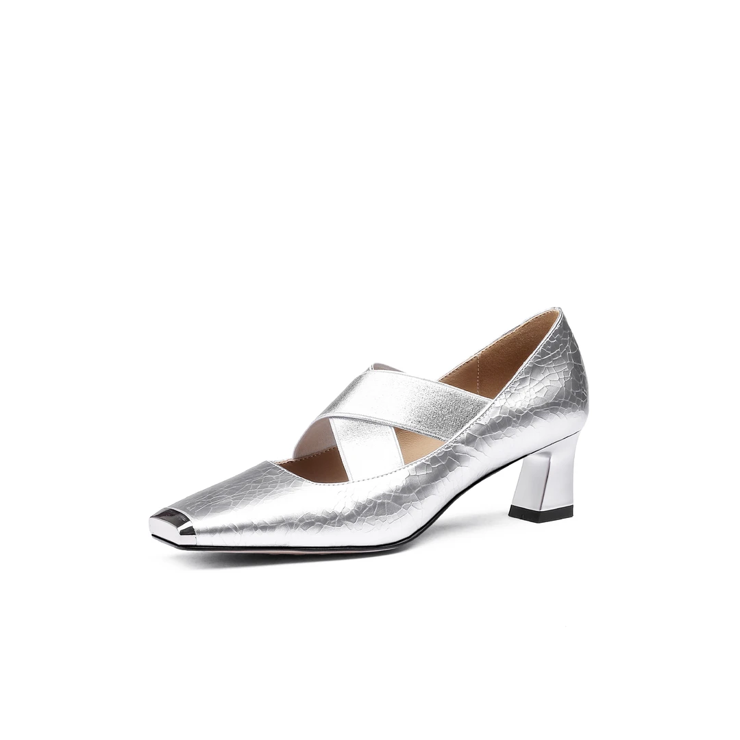 KFY【4cm】2024春季新款真皮气质浅口单鞋百搭跟鞋D390银