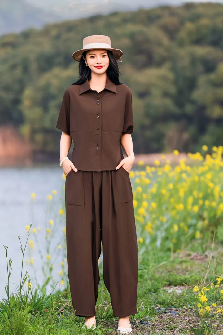 3175时尚减龄气质优雅通勤显瘦短袖衬衫垂感阔腿裤套装