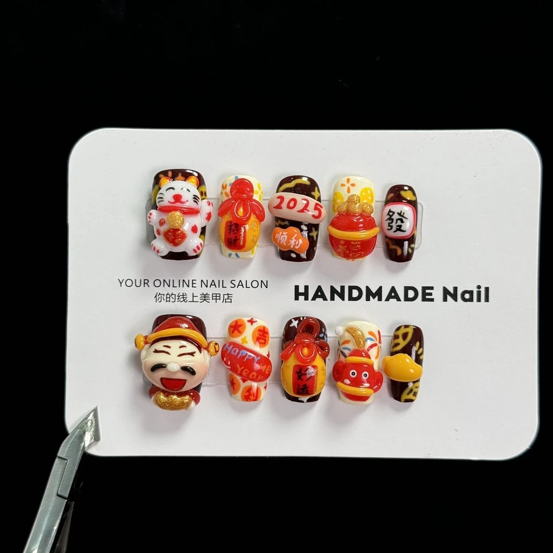 【招财猫·财神】轻奢重工手捏手绘美甲绘画潮玩新年穿戴甲可爱喜庆