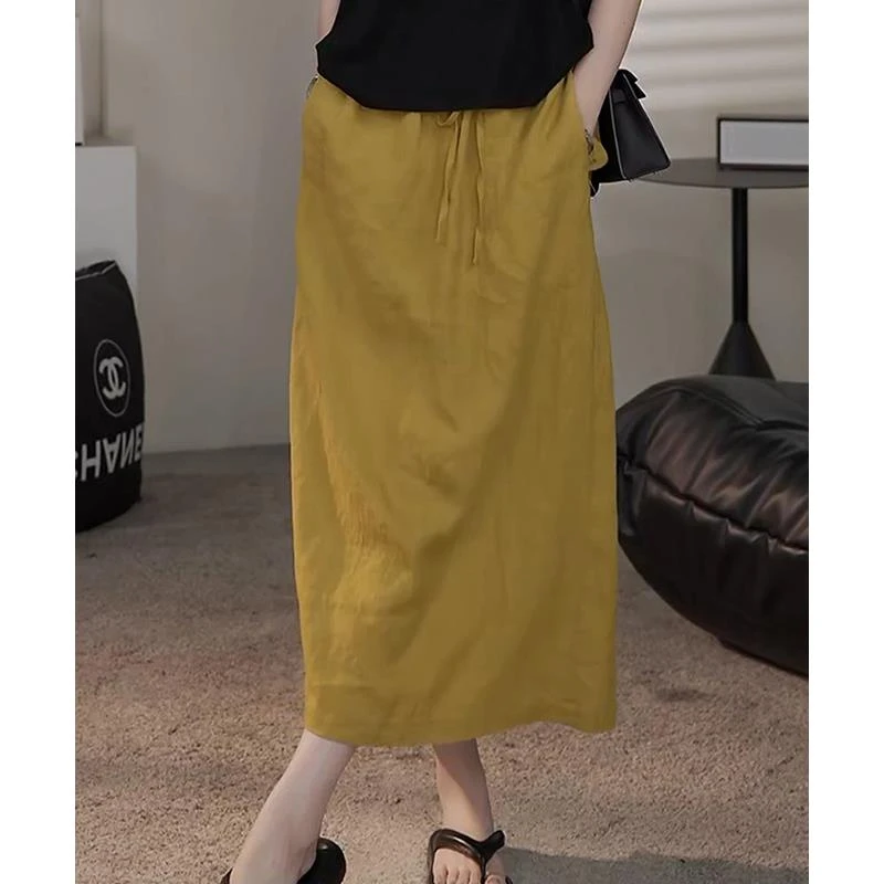 高端棉麻半身裙女爆款夏季新款苎麻直筒裙亚麻长裙时尚黄色裙子