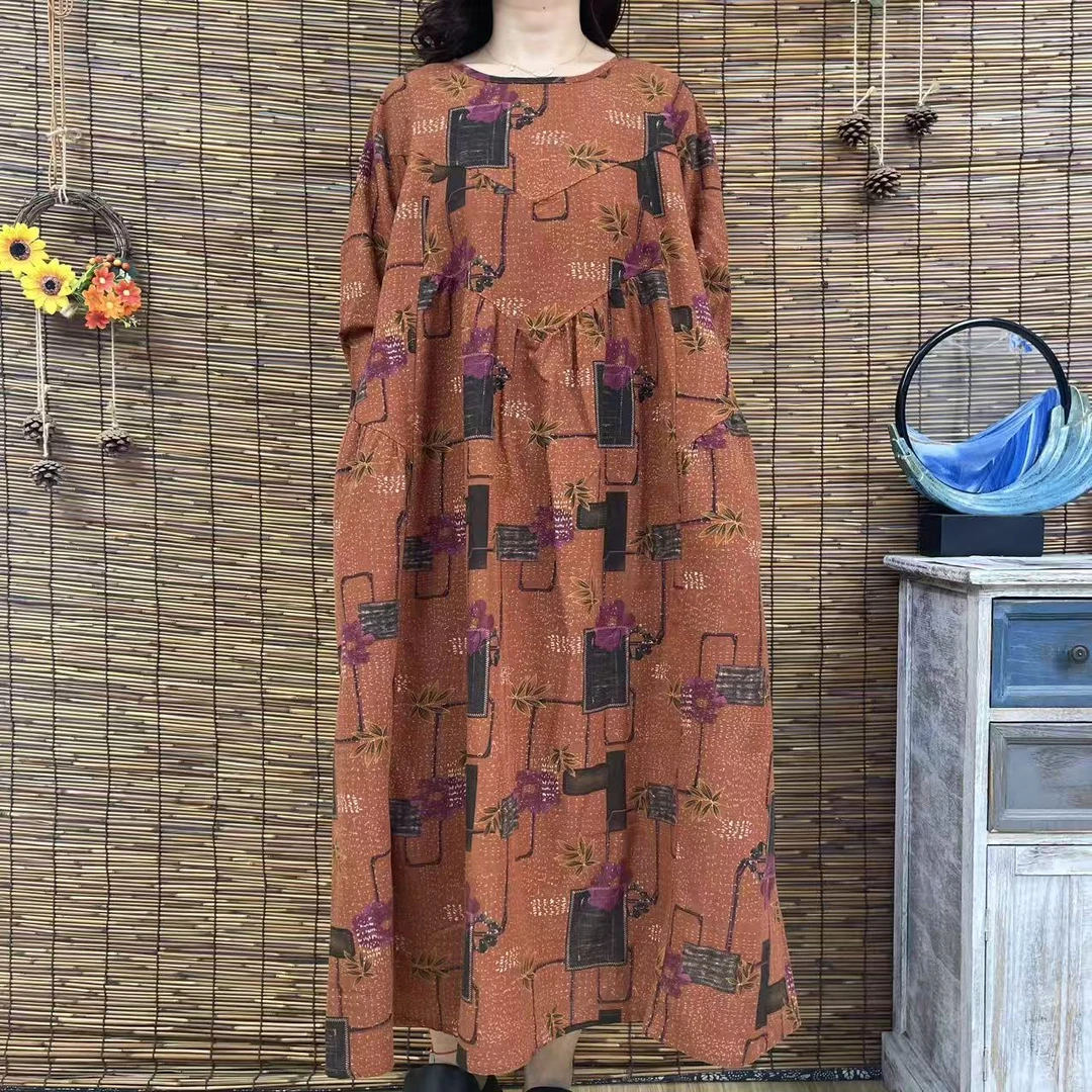 6306新款优雅显瘦圆领V型黄底紫色花朵印花长袖款大摆连衣裙时尚