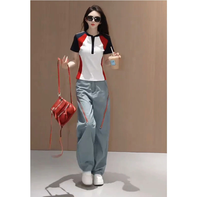 撞色设计斜拉链窄版阔腿裤子2025夏季时尚休闲高级感百度直筒条纹