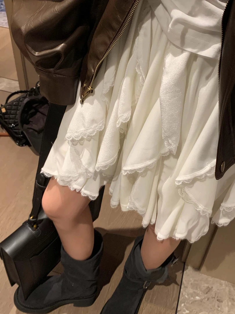 芭蕾风白色蕾丝半身裙女韩系甜辣风花边蓬蓬裙不规则丝绒a字短裙