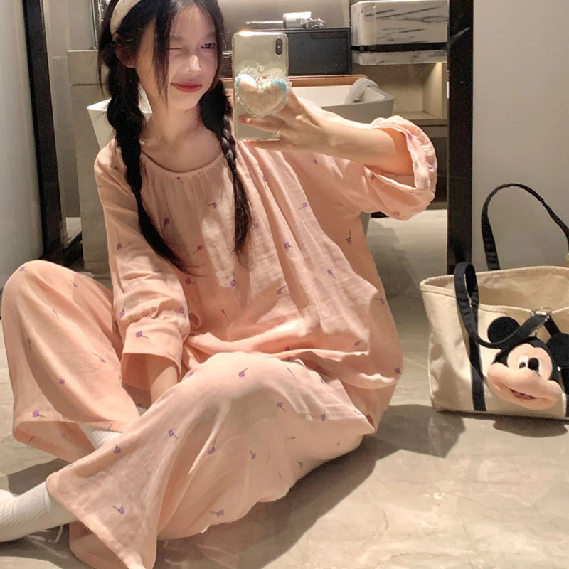 睡衣女款春秋季7分袖长裤韩版甜美碎花女士家居服两件套装学生夏
