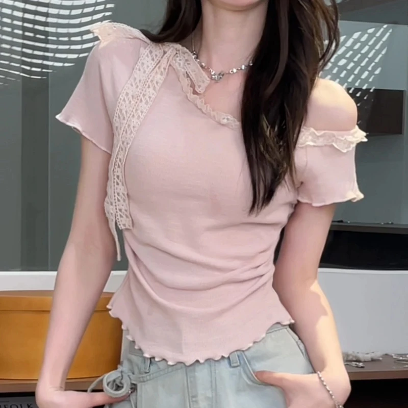 2025夏季新款甜美风斜肩蕾丝拼接系带抽褶设计感气质短袖上衣