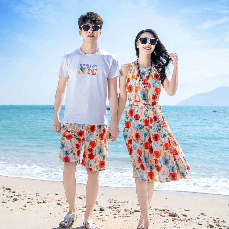 情侣装三亚度假风连衣裙女时尚男短袖沙滩裤套装亲子装时尚潮流