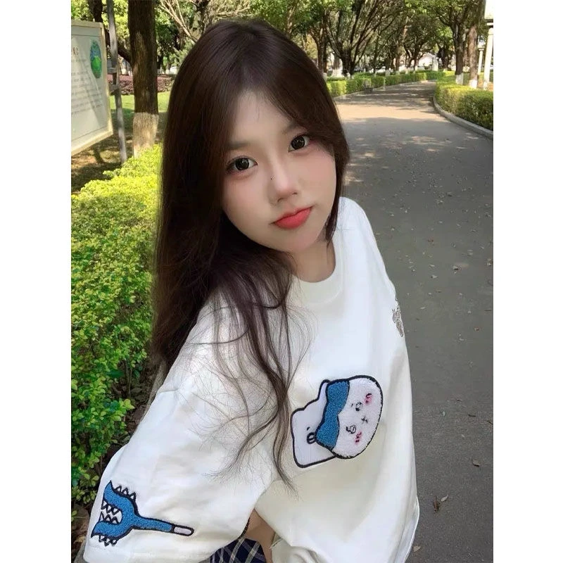 慵懒美式魔术贴小八刺绣白色短袖t恤女2025夏季oversize减龄上衣