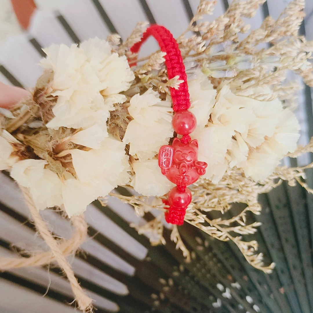 含辰砂工艺品朱砂手链招财猫小红绳