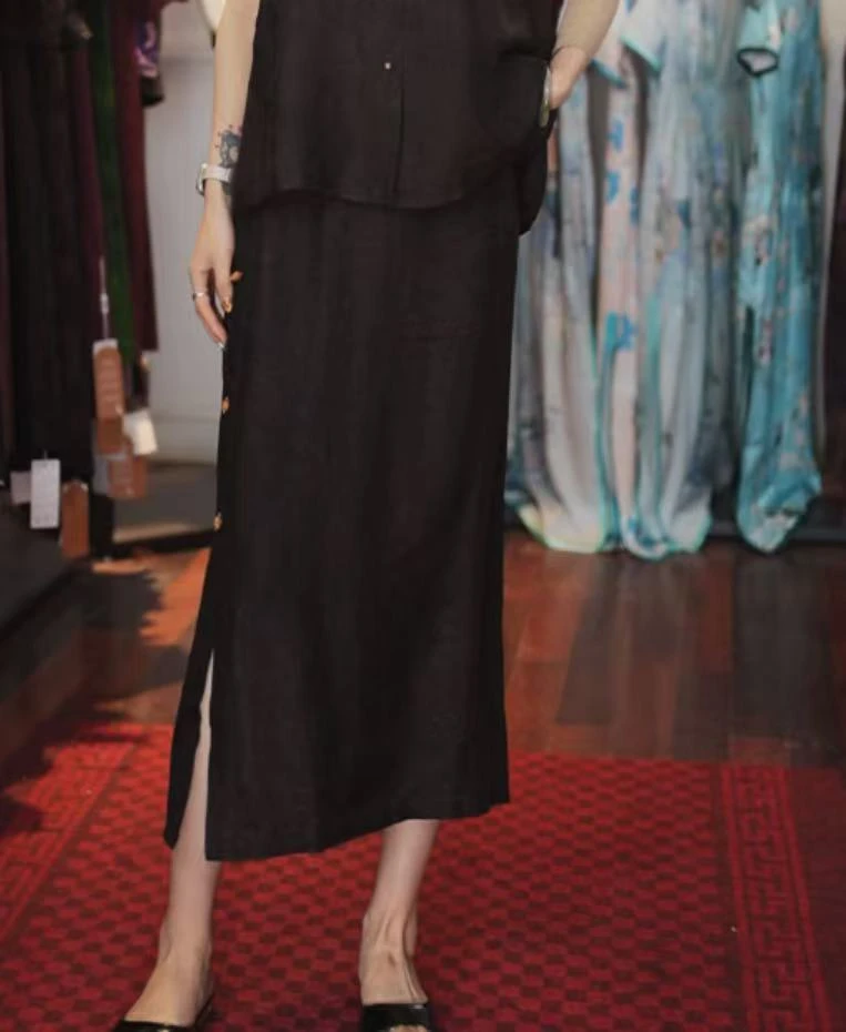 【沉香半裙】新中式国风提花复古黑色高腰半身长裙