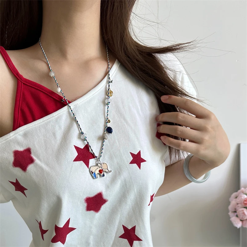 非金属棉绳项链 X5952-1甜美卡通小象项链时尚可爱百搭小众个性