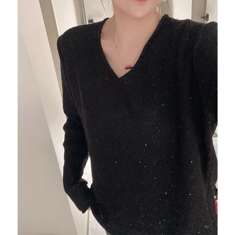 早春新款V领星空亮片针织衫女宽松慵懒风长袖上衣-886慵懒风上衣
