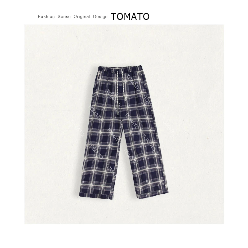 【TomaTo】甜策 早春苏格兰新款格子阔腿百搭直筒休闲裤子C25K2693