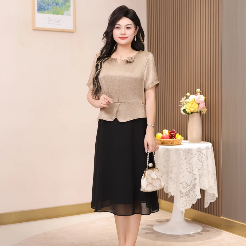 假两件洋气显瘦高腰连衣裙子大码女装夏季新款高贵气质中长裙