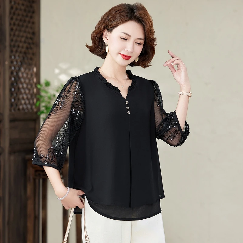 妈妈夏装雪纺衫洋气减龄透气小衫中老年女装V领显瘦黑色中袖上衣