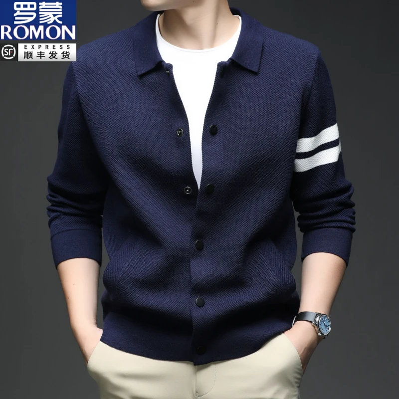 罗蒙翻领条纹针织开衫男2025秋季新款宽松休闲时尚毛衣外套男装潮