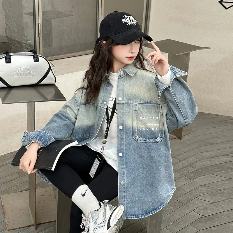 女童牛仔衬衫春季2025新款儿童长袖上衣春装女孩衬衣大童春秋外套