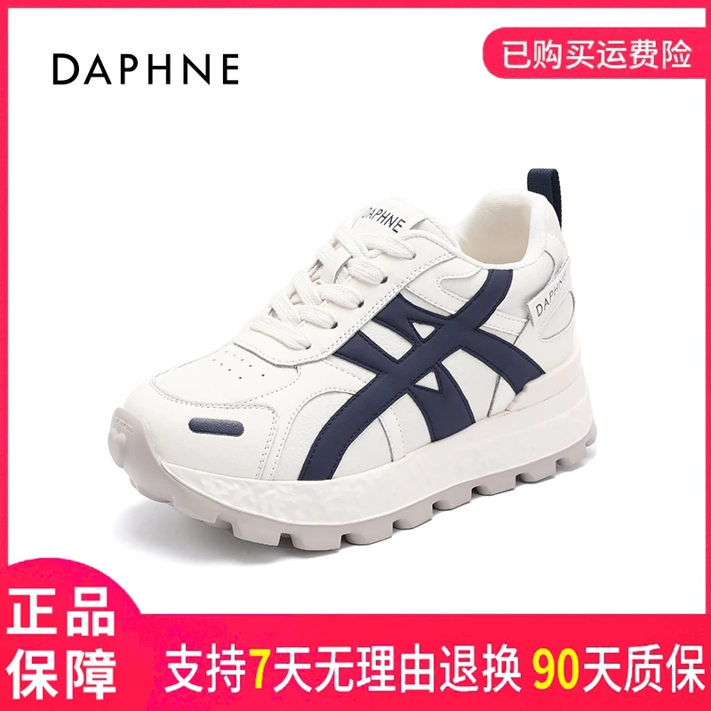 达芙妮女士秋季中跟透气百搭复古拼色系带圆头厚底时尚运动休闲鞋