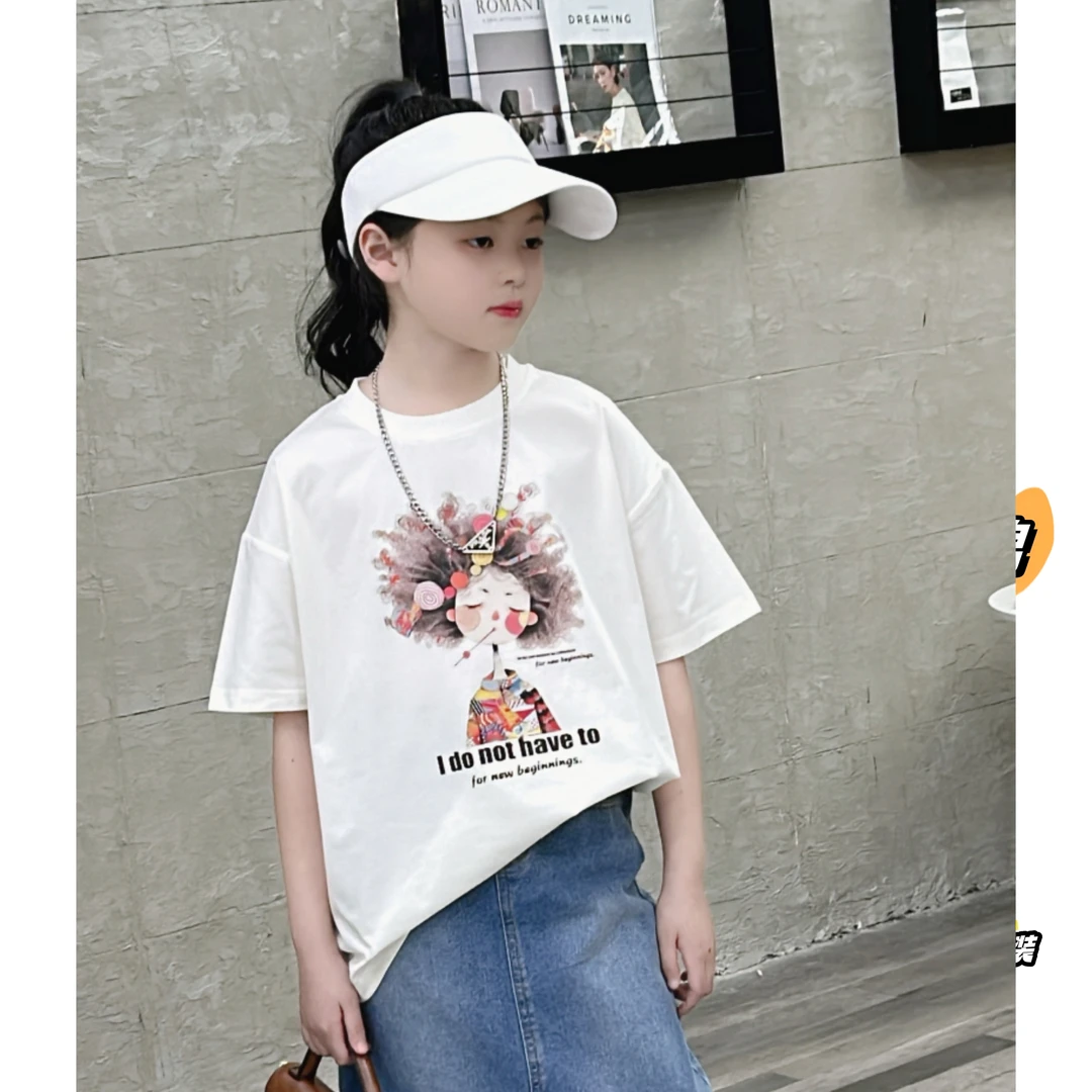 女童亲子装夏季新款爆炸头女孩印花短袖T恤宽松时尚休闲风女孩