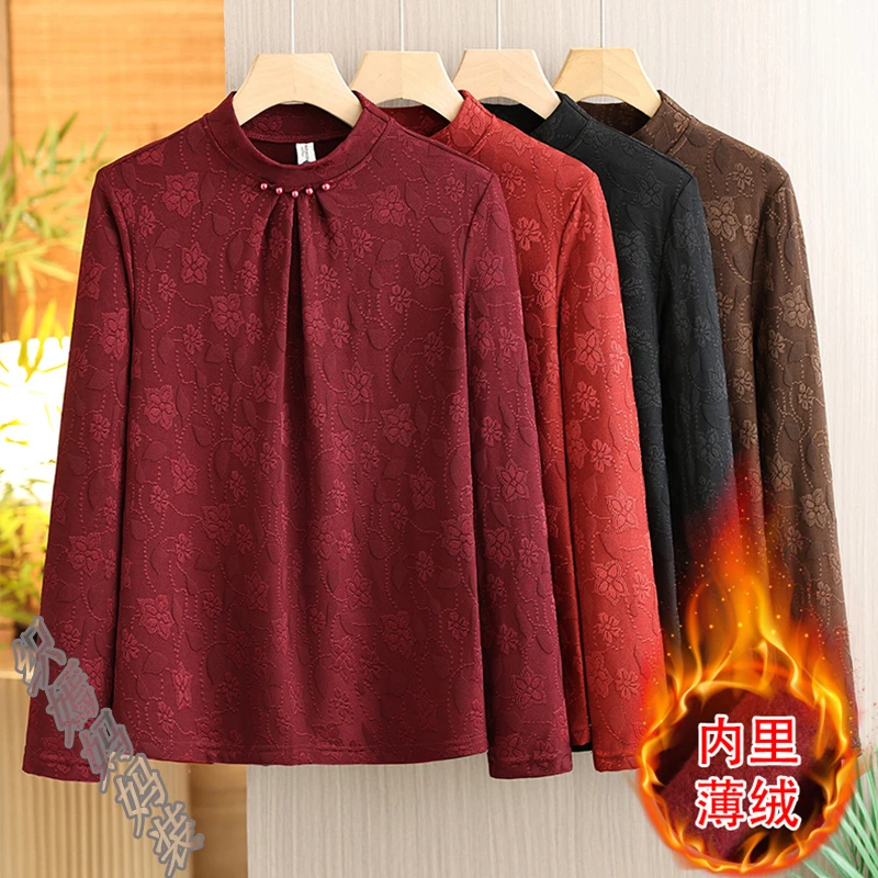 时尚妈妈秋冬装印花半高领加绒加厚上衣中老年女装气质减龄小衫