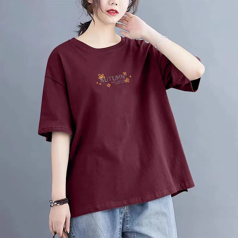 夏季大码200斤宽松遮肉纯棉短袖T恤女显瘦半袖中长款圆领打底上衣