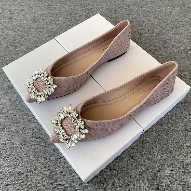 夏季新款小香风法式水钻女鞋黑色瓢鞋尖头浅口仙女平底单鞋女