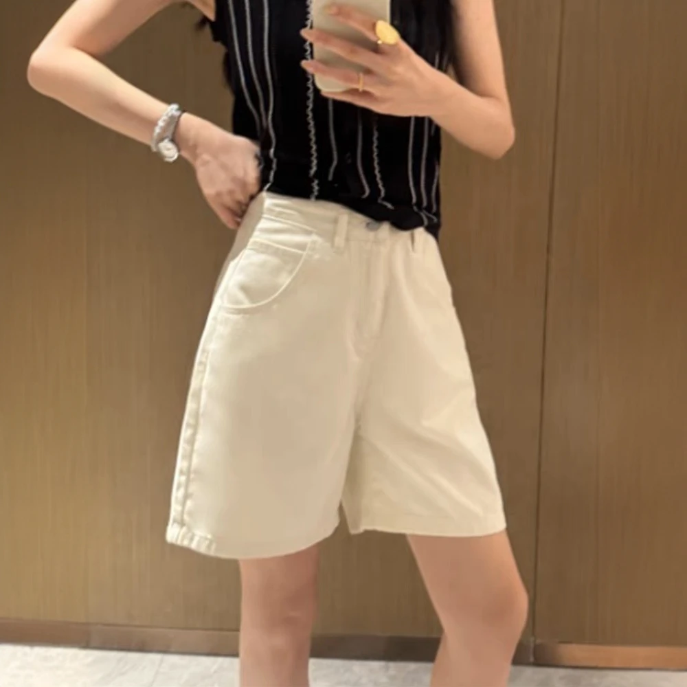 韩版白色牛仔阔腿短裤女2025夏季薄款高腰宽松显瘦百搭休闲五分裤