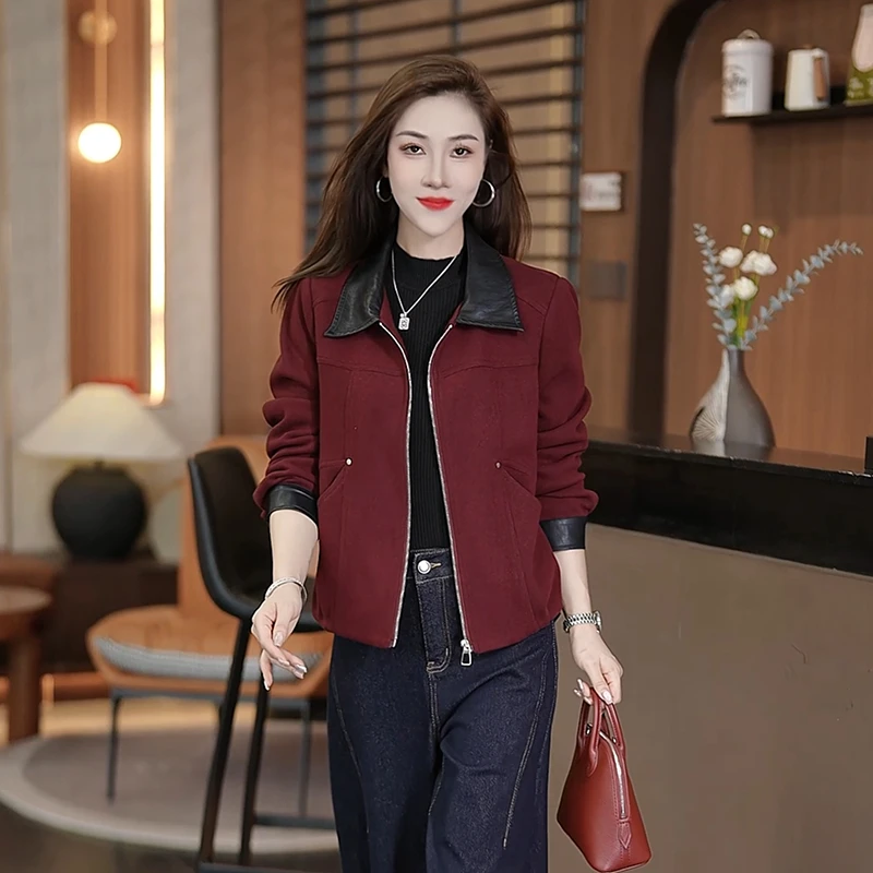 韩系拼接皮领撞色毛呢料短外套女2026春季新款宽松显瘦时尚夹克