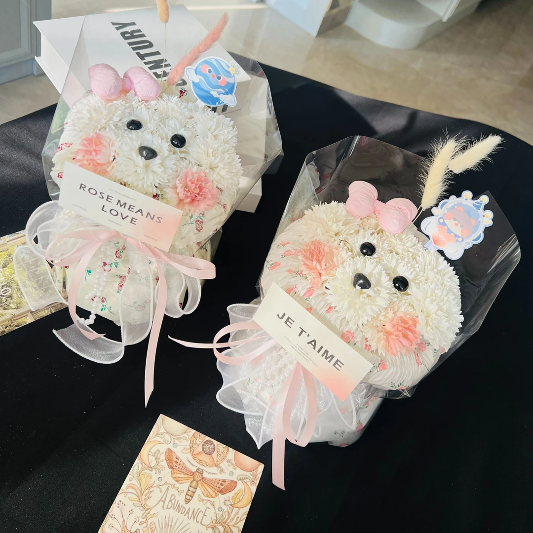 可爱蝴蝶结小狗花束康乃馨香皂花仿真花见面礼物创意花束
